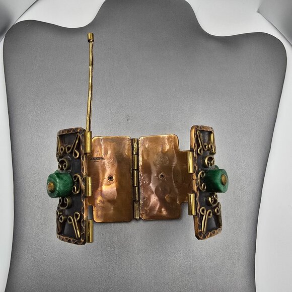 VTG Casa Maya Brutalist Copper & Malachite 2" Wide Cuff Bracelet 7" Mexico 99.8g - Picture 7 of 15